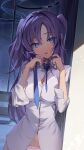  1girl blue_archive blue_necktie collared_shirt hair_between_eyes halo highres kainown long_hair mechanical_halo navel necktie open_mouth panties purple_eyes purple_hair shirt solo two_side_up underwear upper_body white_panties white_shirt yuuka_(blue_archive) 