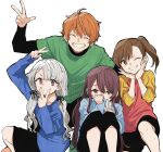  1boy 3girls ahoge alternate_costume aoi_yusuke arm_up asymmetrical_bangs asymmetrical_hair black_pants black_shorts blue_shirt braid brown_eyes brown_hair clenched_teeth closed_eyes covering_mouth feet_out_of_frame futami_mami green_shirt grey_hair hair_between_eyes hand_up hands_on_own_cheeks hands_on_own_face hands_up high_side_ponytail highres hisakawa_nagi idolmaster idolmaster_(classic) idolmaster_cinderella_girls idolmaster_shiny_colors idolmaster_side-m in-franchise_crossover kneeling knees_to_chest kyouno light_blush long_hair long_sleeves looking_at_viewer low_twintails miroir_(idolmaster) multicolored_clothes multiple_girls one_eye_closed open_mouth orange_hair osaki_tenka pants shirt short_hair shorts shy siblings side_ponytail sidelocks simple_background sitting smile squatting straight-on straight_hair teeth trait_connection twins twintails v w_(idolmaster) white_background 