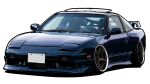  car glint highres kaizou-sha_no_illust_bot motor_vehicle nissan nissan_180sx no_humans original shadow solo spoiler_(automobile) sports_car stance_(vehicle) vehicle_focus white_background 