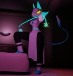  3d_(artwork) absurd_res anthro bed bedroom bedroom_eyes black_body blue_hair boots breasts clothing cord_tail darkner deltarune digital_media_(artwork) dress empty_eyes female floating_hands footwear furniture hair hi_res looking_at_viewer lorded machine narrowed_eyes raised_leg robot seductive smile solo tasque_manager undertale_(series) whip white_clothing white_dress yellow_sclera 