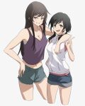  2girls absurdres amano_hina_(tenki_no_ko) arm_around_shoulder bare_shoulders black_choker black_hair blue_brooch blue_eyes blue_shorts blush breasts choker cleavage clenched_teeth collarbone commentary cropped_legs hand_in_pocket highres hood hoodie long_hair looking_at_viewer low_twintails medium_breasts midriff mole mole_under_eye multiple_girls navel nijizuki_shino open_mouth pink_shirt purple_tank_top red_eyes shirt shorts sidelocks simple_background sleeveless sleeveless_hoodie smile suga_natsumi tank_top teeth tenki_no_ko twintails upper_teeth_only v white_background white_hoodie 