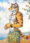  2023 akatan_art anthro beach clothed clothing eyewear felid fur hi_res male mammal orange_body orange_fur pantherine pecs seaside solo striped_body striped_fur stripes sunglasses swimming_trunks swimwear tiger topless topless_male 