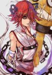  1girl a.b.a bags_under_eyes bandages bare_shoulders commentary green_eyes guilty_gear guilty_gear_xx hair_over_one_eye highres homunculus key_in_head levvellevvel lips looking_at_viewer object_through_head paracelsus red_hair short_hair simple_background solo_focus white_background 