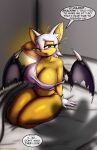  2023 absurd_res anthro bat bed big_breasts blush bottomwear breasts clothing digital_media_(artwork) english_text female furniture hi_res huge_breasts mammal navel nipple_outline one_eye_closed open_mouth profanity rouge_the_bat sega solo sonic_the_hedgehog_(series) speech_bubble text thick_thighs viroveteruscy waking_up wings 