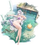  1girl azur_lane bikini breasts day full_body highres huge_breasts kincora long_hair looking_at_viewer manjuu_(azur_lane) multicolored_hair navel official_alternate_costume official_art outdoors palm_tree pulled_by_self purple_bikini purple_eyes purple_hair skindentation solo strap_pull streaked_hair summer swimsuit tree two-tone_hair unzen_(azur_lane) unzen_(sojourn_through_clear_seas)_(azur_lane) very_long_hair water white_hair 