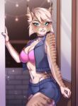  anthro athletic athletic_female bite biting_lip bottomwear bra choker clothing cutoffs denim denim_clothing felid feline female gekko-seishin grizzlygus hi_res jean_vest jewelry lynx mammal necklace pinup pose sexy_eyes shorts solo tammy_rys underwear 