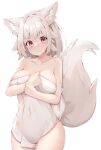  1girl animal_ear_fluff animal_ears blush breasts closed_mouth collarbone covered_navel cowboy_shot inubashiri_momiji large_breasts looking_at_viewer red_eyes rururiaru short_hair simple_background solo tail tears touhou wavy_mouth white_background white_hair wolf_ears wolf_tail 