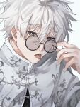  1boy absurdres adjusting_eyewear blue_lock chinese_clothes commentary fuyutsuki grey_eyes hair_between_eyes highres looking_at_viewer nagi_seishirou round_eyewear short_hair simple_background solo tongue tongue_out upper_body white_background white_hair 