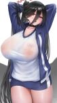  1girl arms_behind_head black_choker black_hair black_wings blue_archive blue_jacket blue_shorts breasts choker collared_jacket commentary_request covered_nipples cowboy_shot eyes_visible_through_hair feathered_wings gym_shirt gym_shorts gym_uniform hair_between_eyes halo hasumi_(blue_archive) hasumi_(track)_(blue_archive) highres huge_breasts jacket kono_(xerondan321) large_wings legs_together long_hair looking_at_viewer low_wings mole mole_under_eye no_bra open_clothes open_jacket open_mouth ponytail red_eyes red_halo see-through shirt shorts solo very_long_hair white_shirt wings 