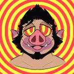 1:1 abstract_background anthro beard dazed domestic_pig facial_hair growth hair headshot_portrait hi_res human human_to_anthro hypno_swirls hypnosis male mammal mind_control onemillionfurries portrait snout snout_growth solo species_transformation spiral_background spiral_eyes suid suina sus_(pig) transformation tusks zac_(casuallynoted) 