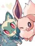  animal_focus brown_fur cat commentary_request eevee fang fangs green_fur hanabusaoekaki heart highres no_humans one_eye_closed open_mouth pokemon pokemon_(creature) red_eyes simple_background solid_oval_eyes sprigatito white_background white_fur 