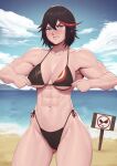  1girl abs absurdres adapted_costume alternate_muscle_size ass_visible_through_thighs beach biceps bikini black_bikini black_hair blue_eyes blue_sky blush breasts clenched_teeth cloud commentary contrapposto cowboy_shot day embarrassed english_commentary hair_between_eyes highleg highleg_bikini highres horizon kill_la_kill looking_at_viewer matoi_ryuuko medium_breasts multicolored_hair muscular muscular_female navel ocean outdoors red_hair senketsu shore short_hair side-tie_bikini_bottom sign signature simple_bird sky solo speedl00ver stomach streaked_hair sweatdrop swimsuit teeth thick_thighs thighs tomboy underboob v-shaped_eyebrows 