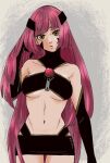  1girl arc_the_lad belt_bra blush breasts brown_eyes cleavage collar heart heart_background highres long_hair looking_at_viewer marusa_(marugorikun) navel open_mouth red_hair solo spiked_collar spikes trois_(arc_the_lad) 
