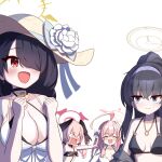  &lt;|&gt;_&lt;|&gt; 4girls :d ^_^ ahoge bikini black_bikini black_hair black_wings blue_archive breasts cleavage closed_eyes collarbone commentary_request feathered_wings hair_between_eyes hair_over_one_eye hairband halo hanako_(blue_archive) hanako_(swimsuit)_(blue_archive) hat head_wings hinata_(blue_archive) hinata_(swimsuit)_(blue_archive) jewelry koharu_(blue_archive) koharu_(swimsuit)_(blue_archive) long_bangs long_hair long_sleeves looking_at_another looking_at_viewer low_ponytail multiple_girls navel necklace o_(rakkasei) official_alternate_costume official_alternate_hairstyle oversized_clothes oversized_shirt pendant pink_hair pointing ponytail purple_eyes red_eyes shirt sidelocks simple_background sleeveless smile stomach straw_hat sun_hat swimsuit twintails ui_(blue_archive) ui_(swimsuit)_(blue_archive) white_background white_shirt wings 
