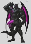  2022 5_fingers absurd_res anthro black_body cxcxxcxxxx digital_media_(artwork) dragon fingers genitals grey_background hi_res horn looking_at_viewer male muscular muscular_anthro muscular_male penis purple_penis purple_sclera rubber_creature simple_background solo wings 