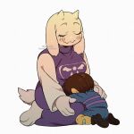  1girl 1other absurdres bandaid bandaid_on_leg blush closed_mouth colored_skin fangs frisk_(undertale) furry furry_female highres hug kageimo purple_sweater seiza simple_background sitting skin_fangs smile sweater toriel twitter_username undertale white_background yellow_skin 