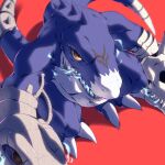  claws deltamon digimon digimon_(creature) dragon highres looking_at_viewer maplo no_humans red_background red_eyes sharp_teeth simple_background skull solo teeth 