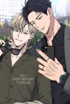  2boys bishounen black_hair black_shirt blonde_hair cellphone collared_shirt ear_piercing geonhan happy_birthday iphone_11_pro jewelry kang_woojin lim_haegyung long_sleeves love_jinx_(manhwa) male_focus multiple_boys official_art phone piercing ring shirt smartphone sunglasses watch wristwatch yellow_eyes 