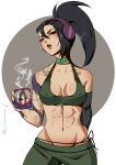  1girl :o absurdres akali arm_tattoo bare_shoulders black_hair breasts character_print cleavage crop_top cup green_pants grey_background groin hair_between_eyes hayashidraws headphones highres holding holding_cup irelia large_breasts league_of_legends midriff navel pants ponytail red_lips shiny_skin shoulder_tattoo single_sleeve solo tattoo teeth upper_teeth_only white_background 