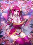  anthro bra breasts canid canine cherry_blossom cherry_tree chest_tuft clothed clothing dress eyelashes f-r95 female fluffy fluffy_tail fox fruit_tree fur hair hi_res inner_ear_fluff jewelry legwear mammal multi_tail necklace panties pink_eyes pink_hair plant sakura_(thehyperblast) sitting smile solo stockings tail thick_thighs tree tuft underwear white_body white_fur 