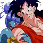  1boy 1girl arm_hug black_eyes black_hair blue_skin blunt_bangs colored_skin dougi dragon_ball dragon_ball_heroes hair_bun heart highres long_hair looking_at_another muscular muscular_male nervous one_eye_closed open_mouth purple_hair red_eyes red_nails scar scar_across_eye scar_on_cheek scar_on_face sidelocks simple_background smile sweat vidro_(dragon_ball) white_background yamcha yuu_(user_ddsz8272) 