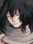  1boy black_eyes black_hair bloodshot_eyes boku_no_hero_academia eraser_head_(boku_no_hero_academia) facial_hair goatee grey_background grey_scarf hair_between_eyes highres long_scarf looking_at_viewer male_focus mustache rnuyvm scar scar_on_face scarf scarf_grab solo sparse_stubble 