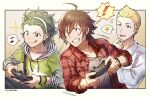  ! 3girls artist_name b4_bababibe blonde_hair border brown_eyes brown_hair controller game_controller green_eyes green_hair green_shirt grey_hair grey_shirt hairband highres idolmaster idolmaster_side-m jupiter_(idolmaster) medium_hair multiple_girls musical_note outside_border plaid plaid_shirt shirt short_hair spoken_exclamation_mark spoken_musical_note spoken_star star_(symbol) sweatdrop sweater 