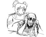  anon_(snoot_game) anthro bald clothed clothing dinosaur duo female goodbye_volcano_high hair hair_buns hand_on_face hand_on_shoulder human male mammal monochrome ornithischian reptile scalie simple_background sketch snoot_game stegosaurian stegosaurus stella_(gvh) thyreophoran unknown_artist 