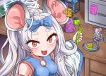  1girl :d animal_ears blue_archive bow breasts cheese chinese_clothes cleavage cleavage_cutout clothing_cutout commentary_request devil_yanghyeok ear_tag flask food forehead from_below grey_hair hair_bow hair_ribbon halo highres holding holding_flask long_hair long_sleeves looking_at_viewer looking_up mouse mouse_ears mouse_girl paper parted_bangs red_eyes ribbon saya_(blue_archive) sidelocks sleeveless sleeves_past_fingers sleeves_past_wrists smile table wide_sleeves 