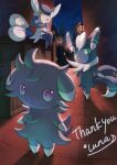 1boy 1girl 1other absurdres closed_mouth commission espurr evolutionary_line highres lamppost looking_at_viewer luna_mokamoka meowstic meowstic_(female) meowstic_(male) night no_humans outdoors pokemon pokemon_(creature) purple_eyes skeb_commission sky standing thank_you 