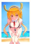  1girl arm_support ass_visible_through_thighs bare_arms bare_shoulders beach bikini black_bikini blonde_hair blue_sky blurry blurry_background border breasts cleavage closed_mouth collar day detached_collar dragon_girl dragon_horns eyelashes feet_out_of_frame hair_between_eyes hands_on_own_legs horizon horns knees_together_feet_apart kobayashi-san_chi_no_maidragon leaning_forward long_hair looking_at_viewer maid maid_bikini maid_headdress medium_breasts mo_sabo multiple_horns necktie ocean outside_border red_eyes red_necktie short_necktie skindentation sky slit_pupils smile solo standing straight-on swimsuit thigh_gap tohru_(maidragon) twintails unconventional_maid white_collar 