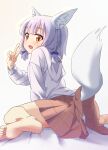  1girl absurdres animal_ear_fluff animal_ears arm_support barefoot blue_bow blue_hair blunt_bangs blush bow brown_eyes brown_skirt commentary feet feet_out_of_frame foreshortening fox_ears fox_girl fox_tail from_behind hair_bow hand_up highres hood hood_down hoodie leaning_forward long_sleeves looking_at_viewer looking_back machikado_mazoku oekakiism open_mouth plaid plaid_skirt pleated_skirt riko_(machikado_mazoku) short_hair sidelocks simple_background sitting skirt soles solo tail tail_raised toes v wariza white_background white_hoodie white_tail 