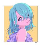  1girl bare_shoulders blue_hair border closed_mouth commentary_request earrings from_side hair_over_one_eye houjou_cosmo jewelry looking_at_viewer pink_lips pretty_(series) pripara purple_eyes rituyama1 short_hair signature smile solo upper_body white_border yellow_background 