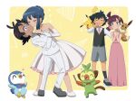  2girls absurdres blue_eyes blush chloe_(pokemon) dawn_(pokemon) goh_(pokemon) grookey highres hug kiss multiple_girls non-web_source pikachu pokemon pokemon_(anime) yellow_background 