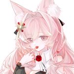  1girl animal_ear_fluff animal_ears arknights bare_shoulders braid breasts cleavage commentary_request hair_intakes hair_ornament highres large_breasts long_hair nulihuahuadeaifeng pink_eyes pink_hair pozyomka_(arknights) simple_background solo upper_body white_background wing_collar wolf_ears 