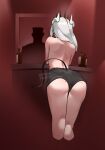  1girl ass back black_shorts cropped_legs crown dantansuk demon demon_horns demon_tail helltaker highres horns looking_at_viewer lucifer_(helltaker) mirror mole mole_on_ass shorts silhouette tail topless white_horns 