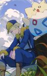  1boy blonde_hair blue_headwear blue_jumpsuit boots brown_footwear closed_mouth cloud commentary_request day from_below garchomp grey_eyes hair_over_one_eye hat highres holding hsin jumpsuit long_sleeves looking_down male_focus outdoors pokemon pokemon_(creature) pokemon_legends:_arceus sky smile togepi tree_stump volo_(pokemon) 