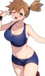  1girl :d alternate_breast_size bare_shoulders blue_sports_bra breasts brown_hair collarbone cowboy_shot fumyuun green_eyes highres large_breasts midriff misty_(pokemon) navel one_eye_closed pokemon pokemon_(anime) pokemon_(classic_anime) short_hair side_ponytail simple_background sleeveless smile solo sports_bra stomach teeth upper_teeth_only white_background wristband 