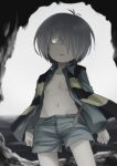  ._. 1boy cave commentary_request gegege_no_kitarou grey_hair hair_over_one_eye kitarou looking_at_viewer male_focus miyano_(112288miyano) navel open_clothes open_shirt short_hair shorts solo 