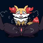  2023 anthro anus black_body black_fur blue_eyes blush bodily_fluids braixen chest_tuft clitoris digital_media_(artwork) female flat_chested front_view fur generation_6_pokemon genitals imactuallygarbage in_heat inner_ear_fluff low_res multicolored_body multicolored_fur nintendo open_mouth pixel_(artwork) pokemon pokemon_(species) presenting presenting_anus presenting_pussy pussy simple_background sitting solo spreading sweat tail tuft white_body white_fur yellow_body yellow_fur 