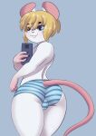  2023 anthro big_butt black_pupils blonde_hair blue_clothing blue_eyes blue_underwear blush buckteeth bulge butt cellphone clothed clothing fur girly gloves_(marking) hair hi_res holding_cellphone holding_object holding_phone holding_smartphone looking_down male mammal markings marvin_(mr-shin) mouse mr-shin murid murine pattern_clothing pattern_underwear phone pink_body pink_fur pink_inner_ear pink_nose pupils rear_view rodent smartphone smile solo striped_clothing striped_underwear stripes teeth thick_thighs topless underwear whiskers white_body white_fur wide_hips 