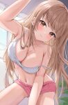  1girl absurdres blush breasts brown_eyes brown_hair crop_top highres large_breasts long_hair looking_at_viewer navel original pink_shorts short_shorts shorts smile solo swept_bangs uni_ikura 