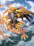  armor claws digimon digimon_(creature) digimon_adventure fire flying gauntlets green_eyes helmet highres horns incoming_attack kou_(xcws3487) monster muscular muscular_male no_humans red_hair reptile_boy short_hair wargreymon wings yellow_armor 