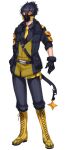  1boy alternate_color black_gloves black_hair black_pants boots cross-laced_footwear full_body fur-trimmed_gloves fur_trim gas_mask gloves jacket katagiri_hachigou lace-up_boots legs_apart luxray male_focus mask neckerchief open_clothes open_jacket pants personification pokemon red_eyes shiny_pokemon short_hair simple_background solo standing white_background yellow_footwear yellow_neckerchief 