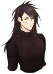  1boy alternate_costume black_hair black_shirt expressionless final_fantasy final_fantasy_vii hair_over_one_eye highres long_hair long_sleeves male_focus messy_hair nitoya_00630a red_eyes shirt simple_background turtleneck vincent_valentine white_background 