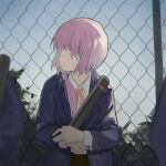  1girl 2others against_fence ambiguous_gender black_skirt blazer blue_eyes blue_jacket blue_sky blurry blurry_foreground chain-link_fence changjingliu_ren_ren closed_mouth collared_shirt commentary day fence foliage graduation highres holding jacket kaf_(kamitsubaki_studio) kamitsubaki_studio long_hair long_sleeves looking_to_the_side low_ponytail multicolored_eyes multiple_others neck_ribbon object_hug open_clothes open_jacket orange_ribbon out_of_frame outdoors pink_eyes pink_hair ribbon school_uniform shirt shirt_tucked_in skirt sky smile solo straight-on tube upper_body virtual_youtuber white_shirt yellow_pupils 