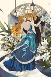  1boy 1girl backless_dress backless_outfit black_suit blonde_hair blue_dress blue_eyes dancing dome dress dx7537 earrings gown interlocked_fingers jewelry lantern link long_hair princess_zelda silent_princess suit the_legend_of_zelda the_legend_of_zelda:_breath_of_the_wild 