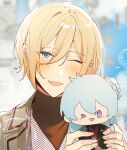  2boys blazer blonde_hair blue_eyes blue_hair blush brown_shirt character_doll eichi_turnr ensemble_stars! hibiki_wataru highres jacket looking_at_viewer male_focus multiple_boys one_eye_closed open_mouth purple_eyes shirt smile sweater tenshouin_eichi turtleneck white_sweater yellow_jacket 