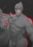  1boy absurdres bara bodysuit bulge check_copyright copyright_request from_above glowing glowing_eyes highres hunterkay large_pectorals looking_ahead male_focus muscular muscular_male original pectorals short_hair solo spiked_hair thick_thighs thighs v-taper 