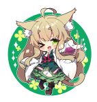  &gt;_o 1girl ;d absurdres ahoge animal_ear_fluff animal_ears boots breasts brown_footwear brown_hair cat_ears cat_girl cat_tail chibi commentary_request commission dress erlenmeyer_flask flask floral_background full_body green_background green_dress green_eyes highres labcoat long_hair long_sleeves medium_breasts milkpanda one_eye_closed open_clothes original short_eyebrows skeb_commission sleeves_past_fingers sleeves_past_wrists smile solo standing standing_on_one_leg sweater tail thick_eyebrows turtleneck turtleneck_sweater two-tone_background very_long_hair white_background white_sweater 